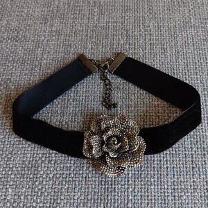 Gun Metal Color Big Rose Choker - 12" length